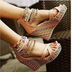 Boutique Boho Wedge Heel Colorful Beaded Sandals